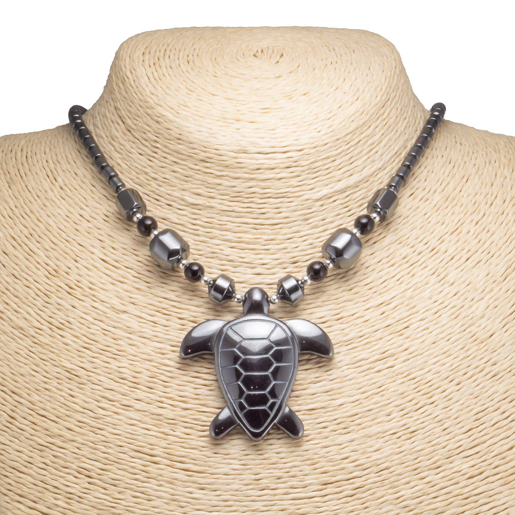 Hematite Sea Turtle Pendant on Hematite Beads Necklace