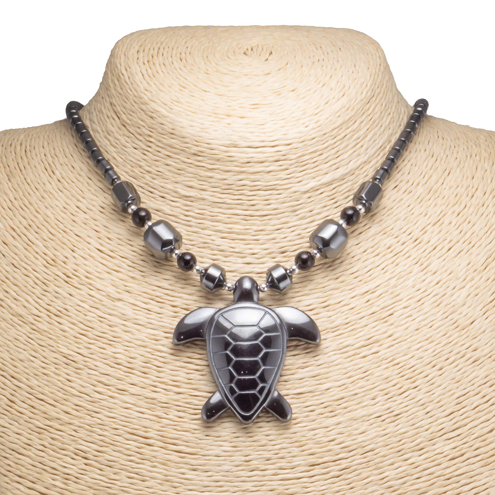 Hematite Sea Turtle Pendant on Hematite Beads Necklace