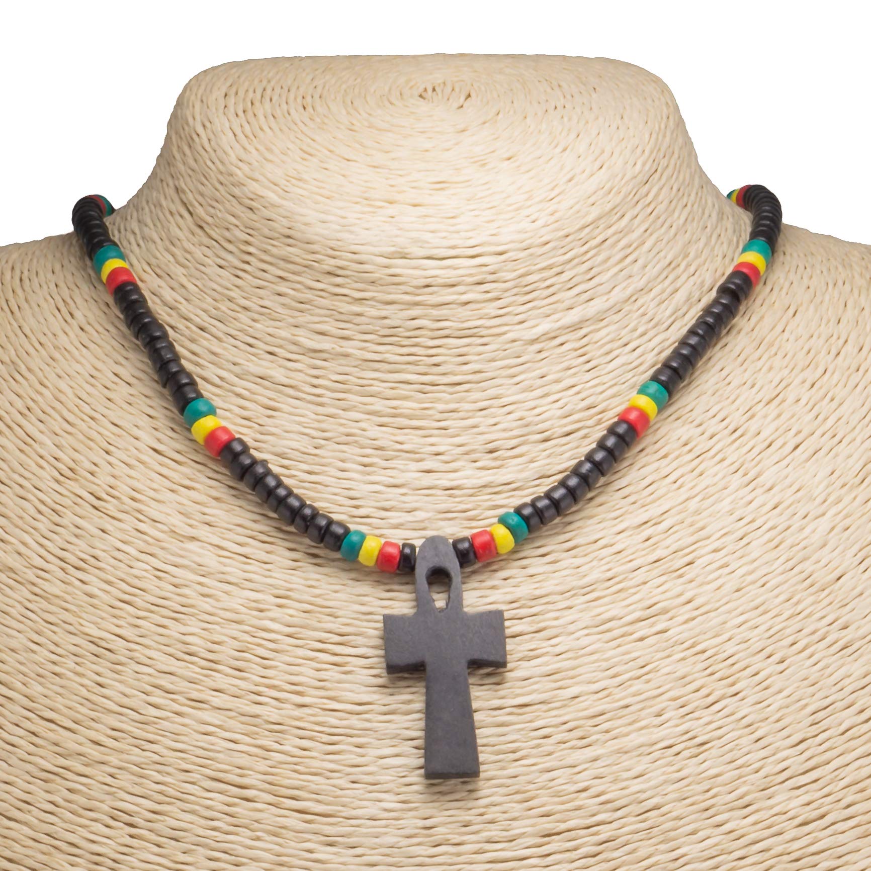 Wood Ankh Cross Pendant on Rasta Coconut Beads Necklace