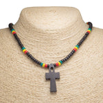 Load image into Gallery viewer, Wood Ankh Cross Pendant on Rasta Coconut Beads Necklace
