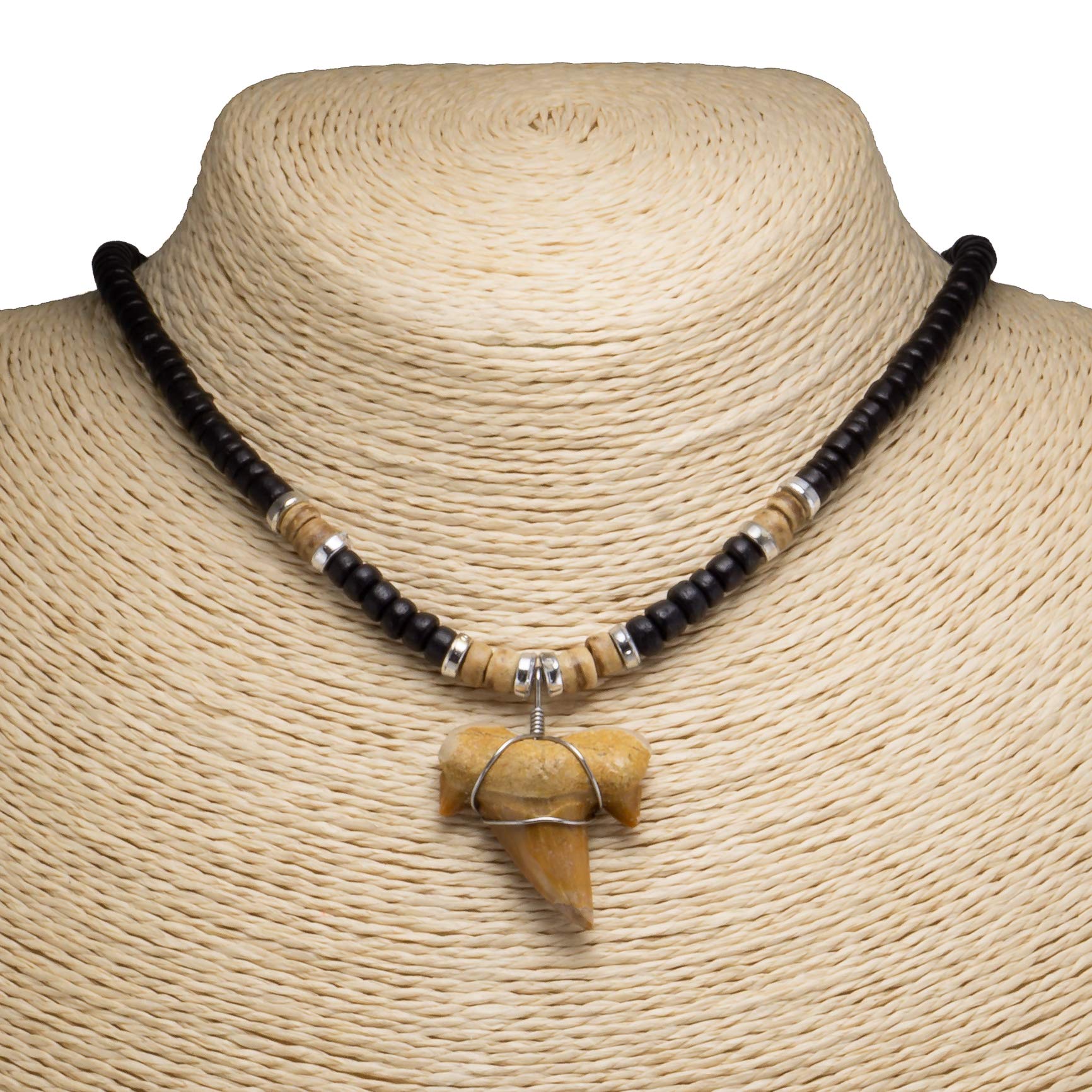 1"+ Shark Tooth Pendant on Black and Tiger Coconut Beads Necklace