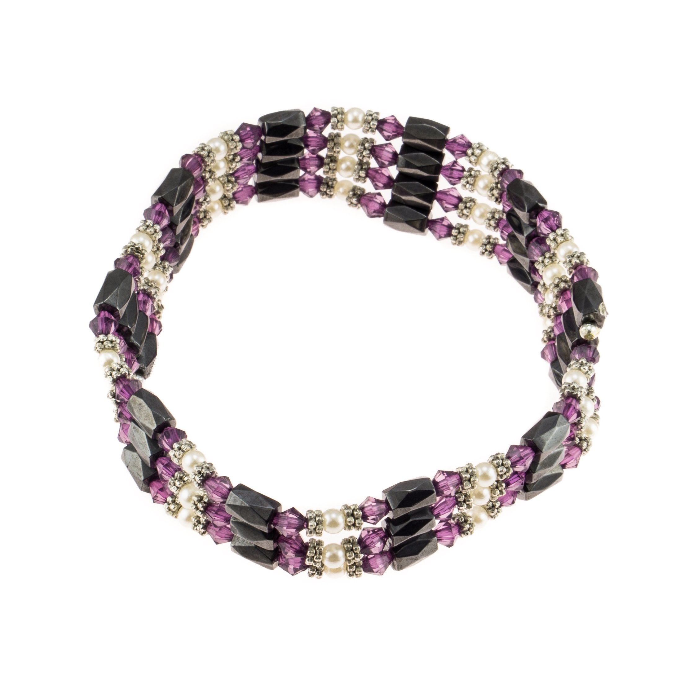 Magnetic Hematite Beaded Wrap Bracelet, Anklet or Necklace with Genuine Fresh Water Pearls (Purple)