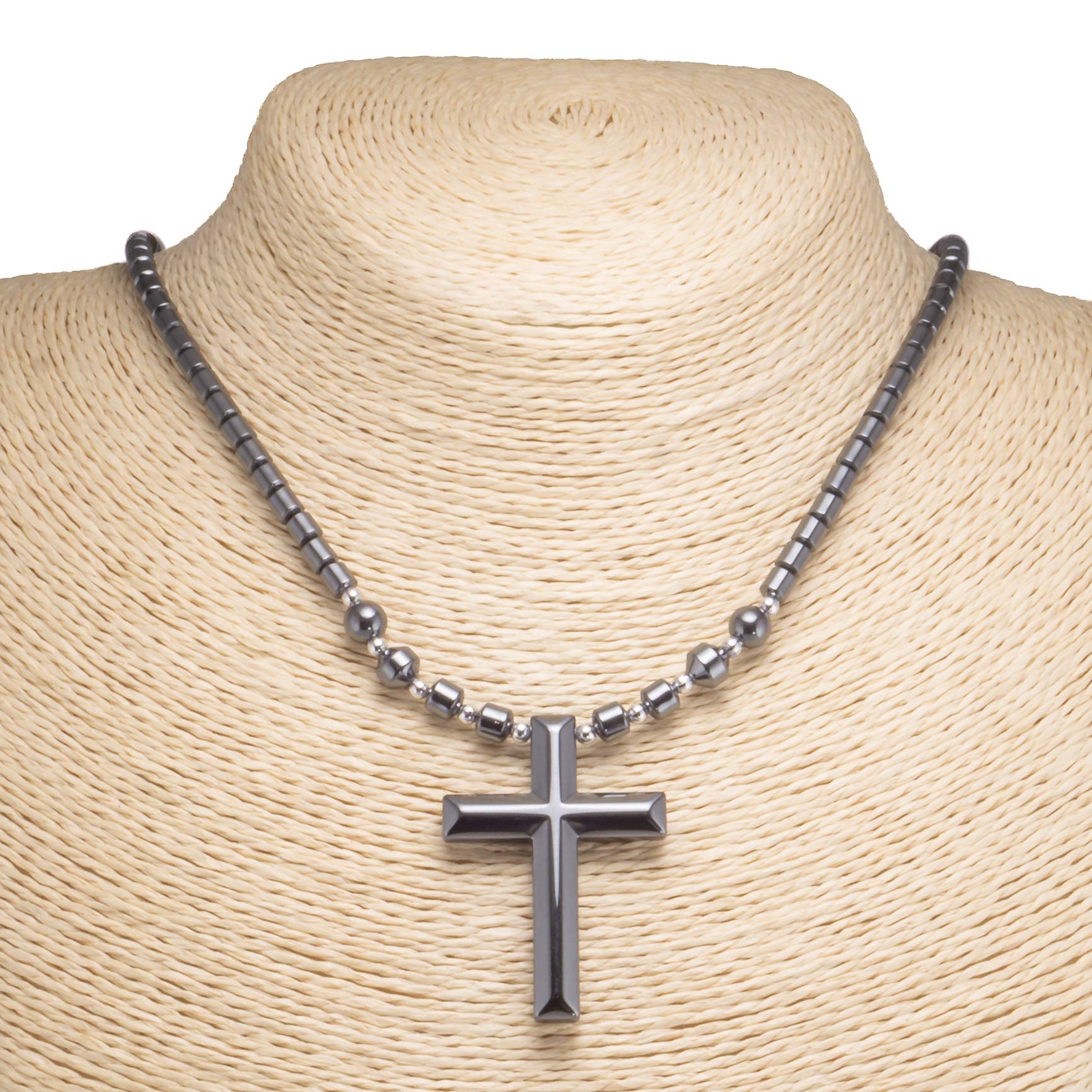 Large Hematite Cross Pendant on Hematite Beads Necklace