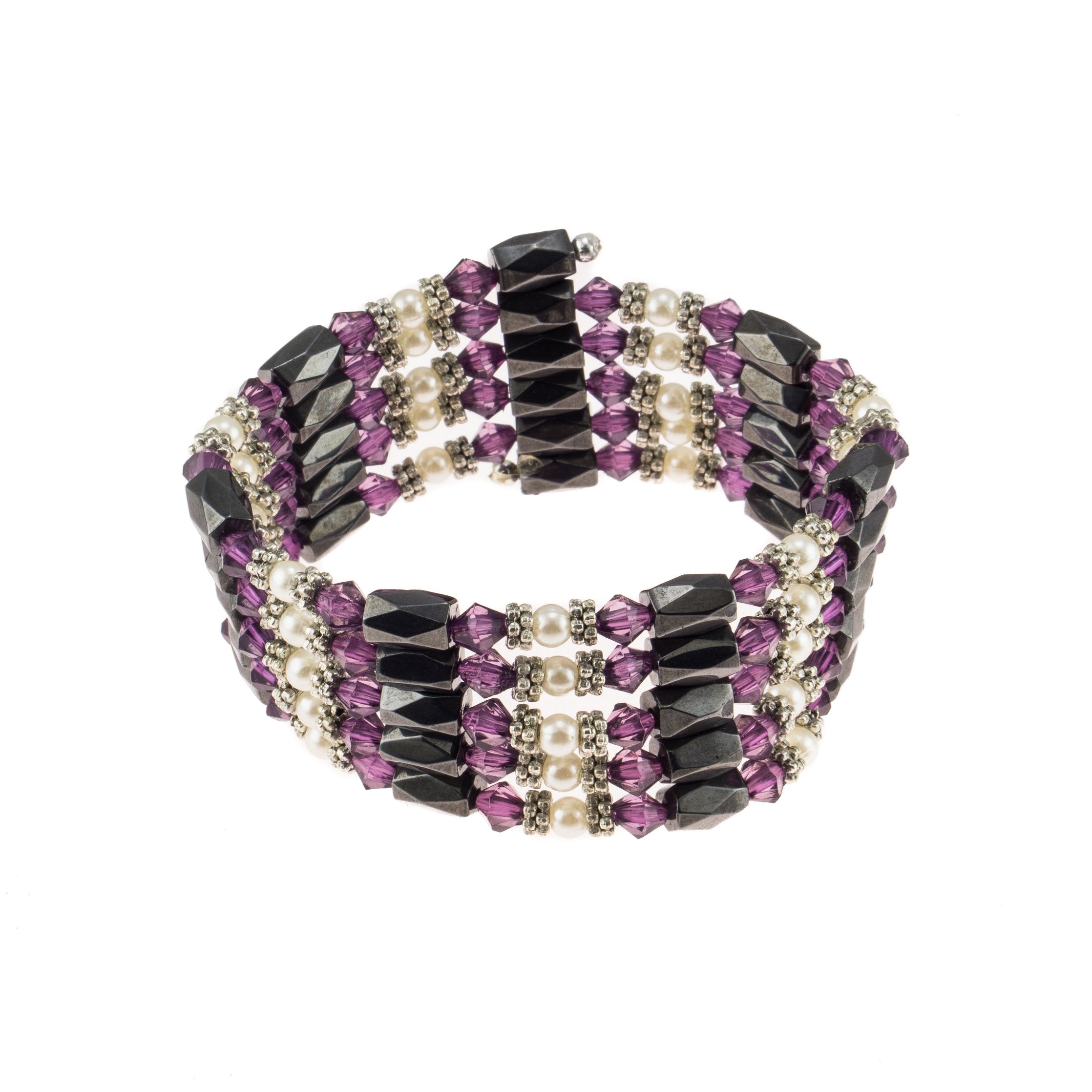 Magnetic Hematite Beaded Wrap Bracelet, Anklet or Necklace with Genuine Fresh Water Pearls (Purple)