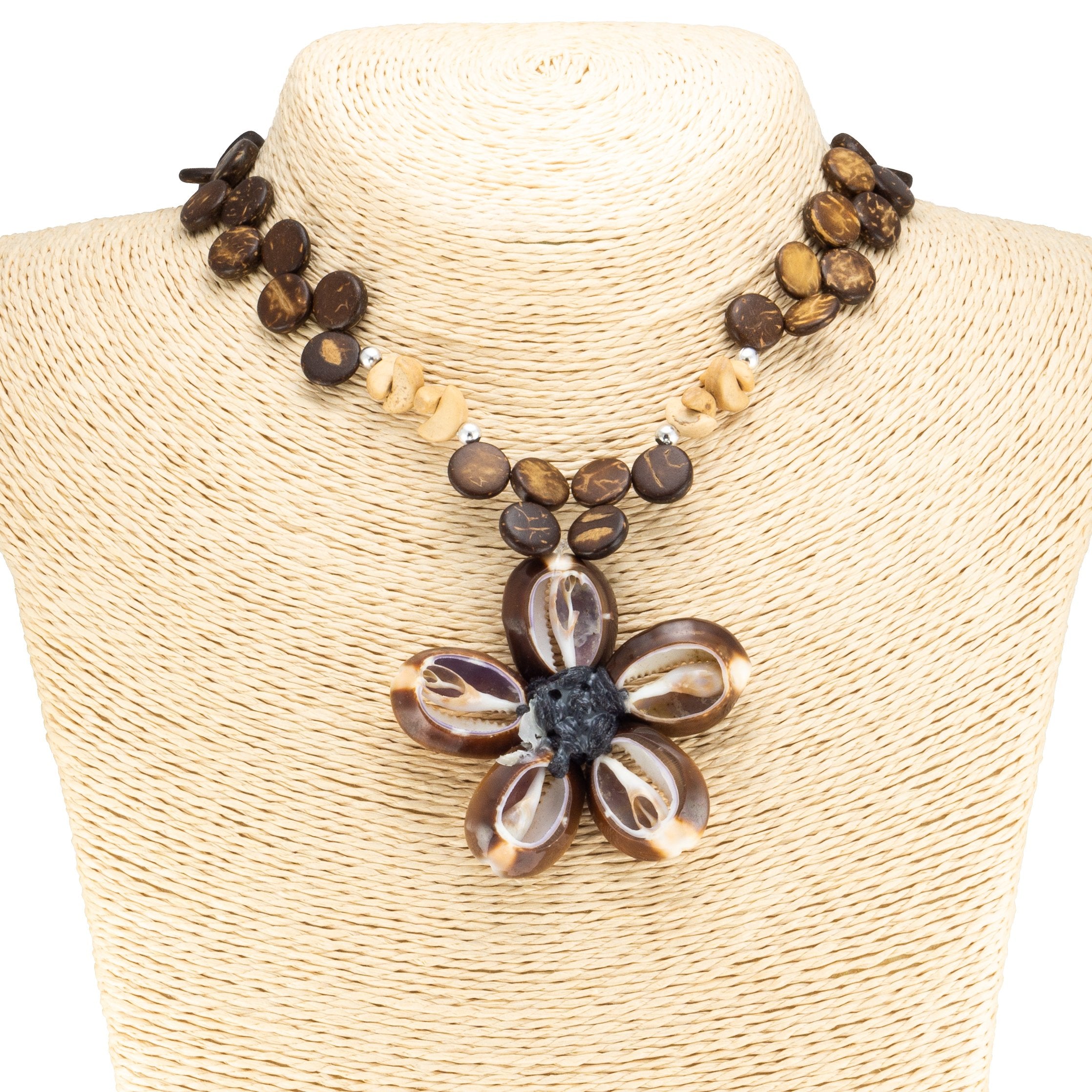 Kaput Shells Flower Pendant on Wood Disc Beads Necklace