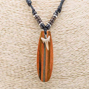Shark Tooth and Wood Surfboard Pendants on Adjustable Black Rope Cord Necklace