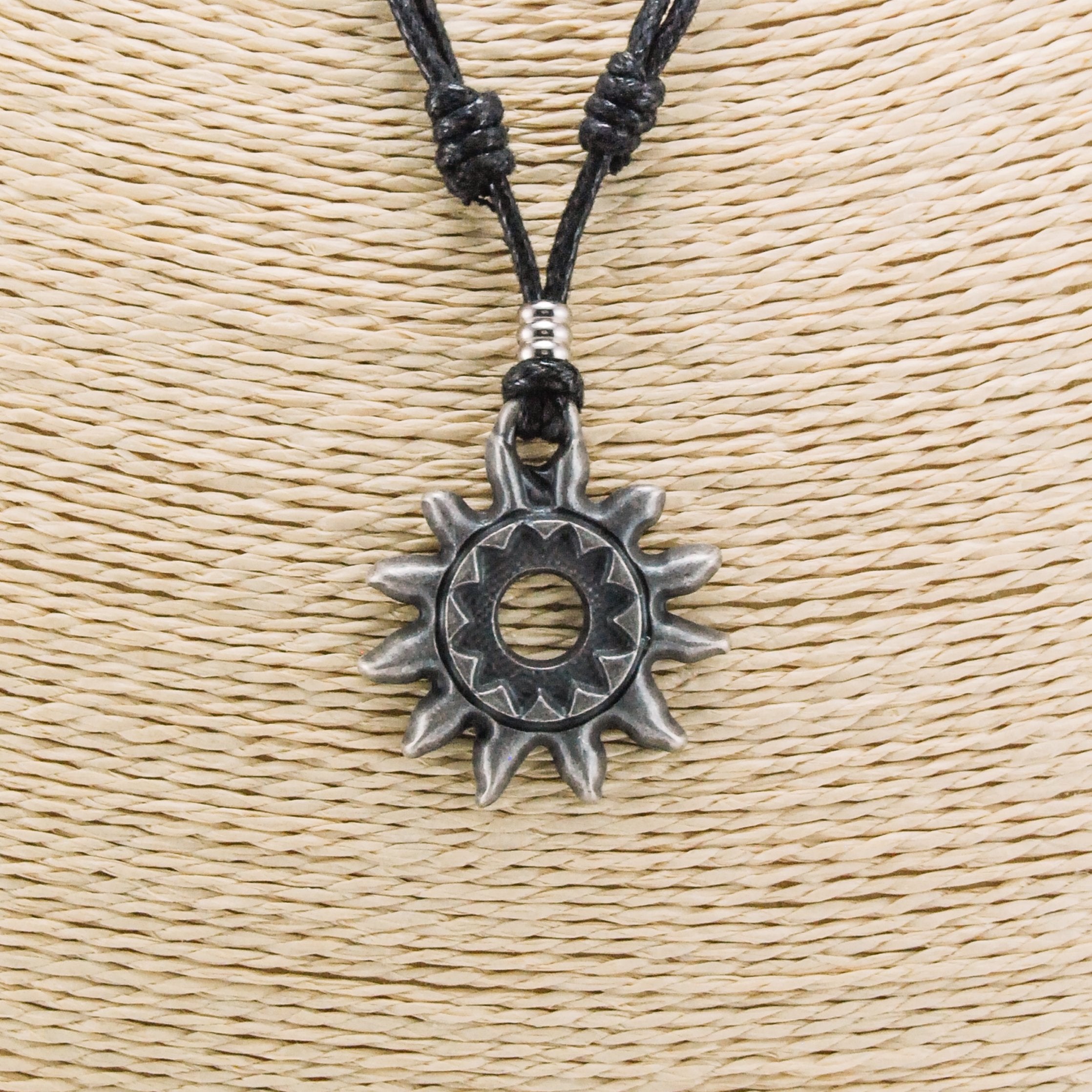 Tribal Sun Pendant on Adjustable Rope Necklace