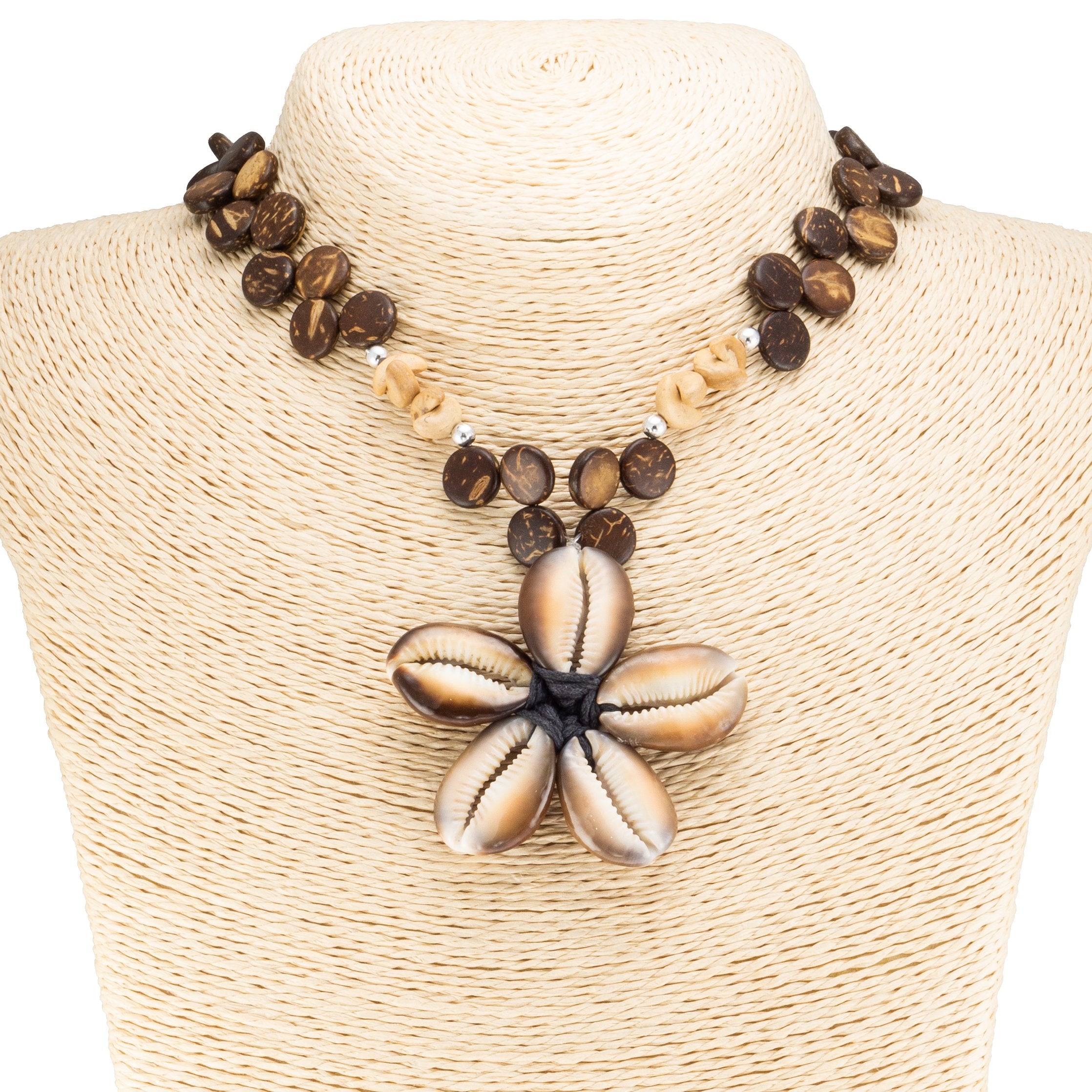 Kaput Shells Flower Pendant on Wood Disc Beads Necklace