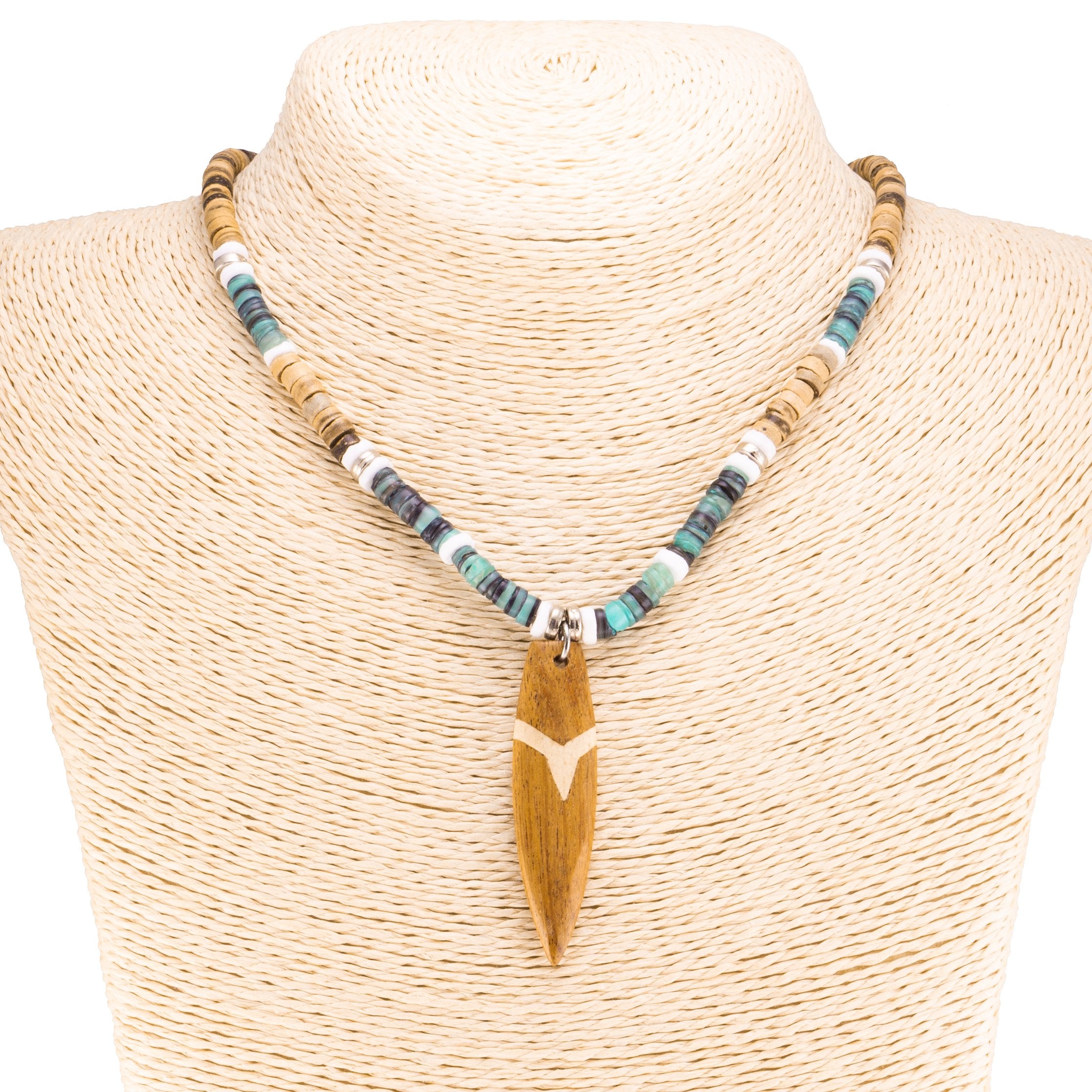 Wood Surfboard Pendant on Tiger Coconut and Green Shell Beads Necklace