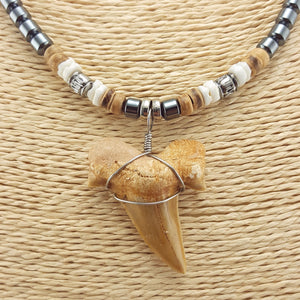 1¼"+ Shark Tooth Pendant on Hematite, Coconut & Puka Shell Beads Necklace