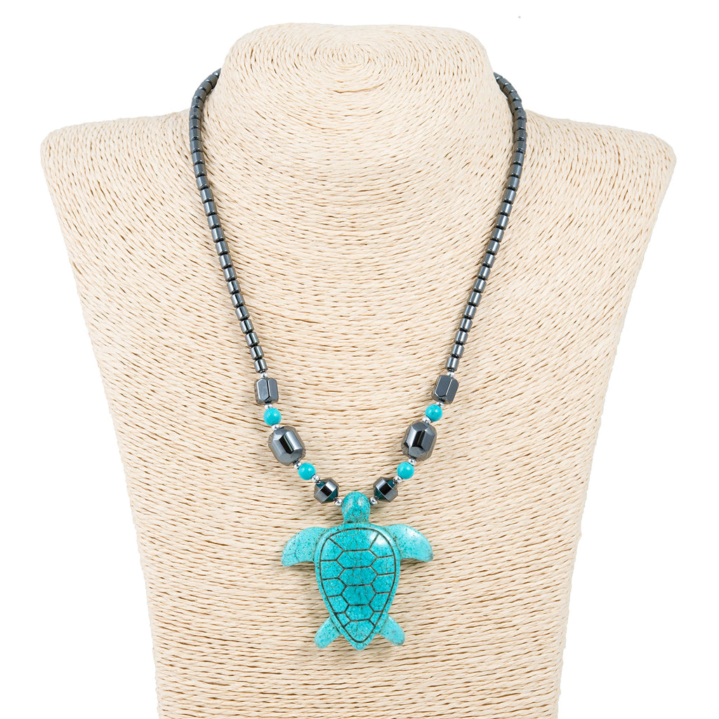 Turquoise Sea Turtle Pendant on Hematite Beads Necklace