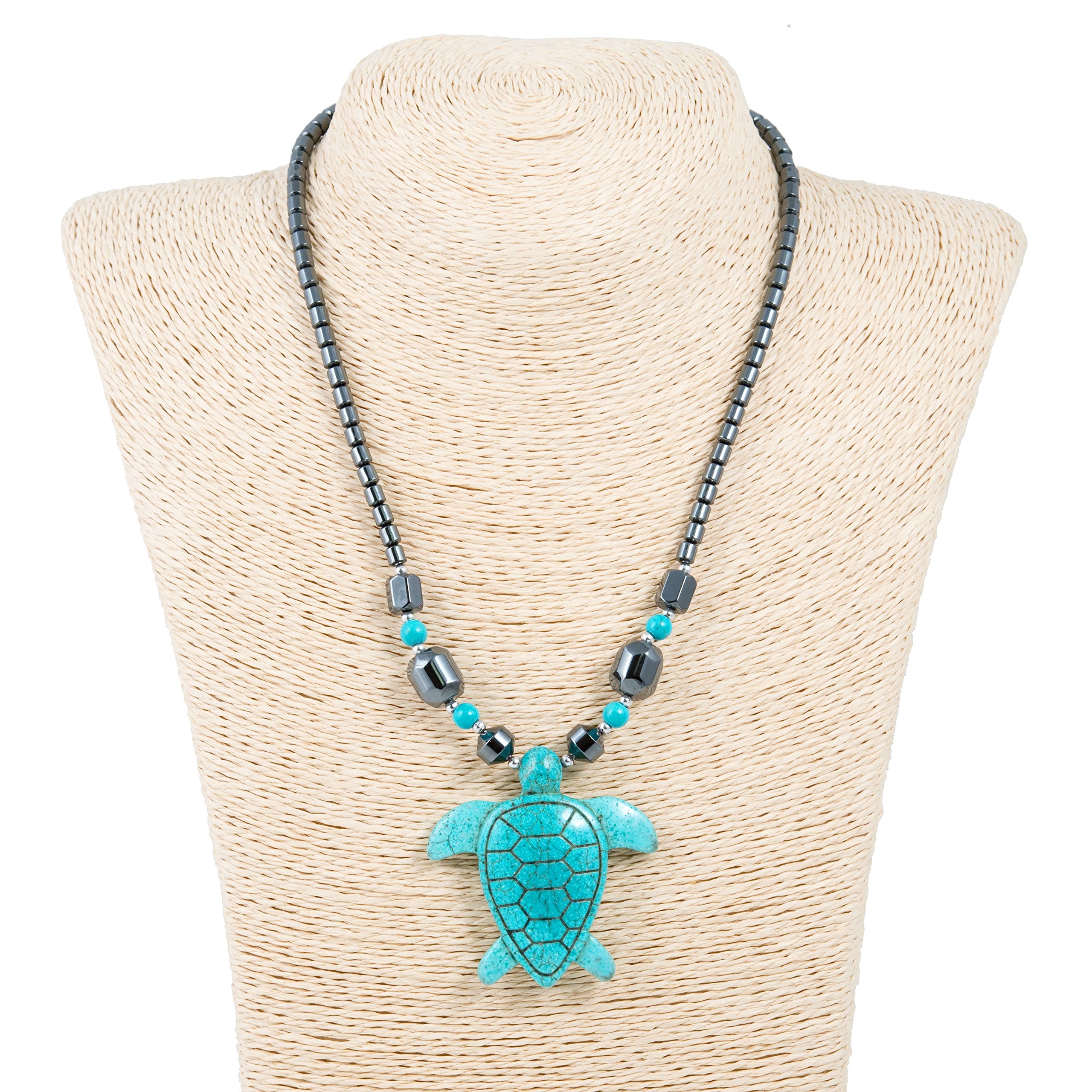 Turquoise Sea Turtle Pendant on Hematite Beads Necklace