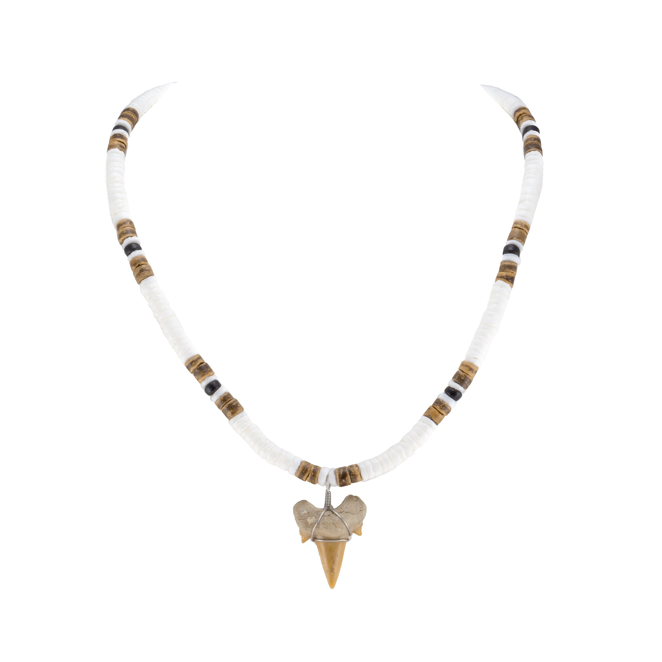 1"+ Shark Tooth Pendant on Puka Shell and Coconut Beads Necklace