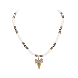 1"+ Shark Tooth Pendant on Puka Shell and Coconut Beads Necklace