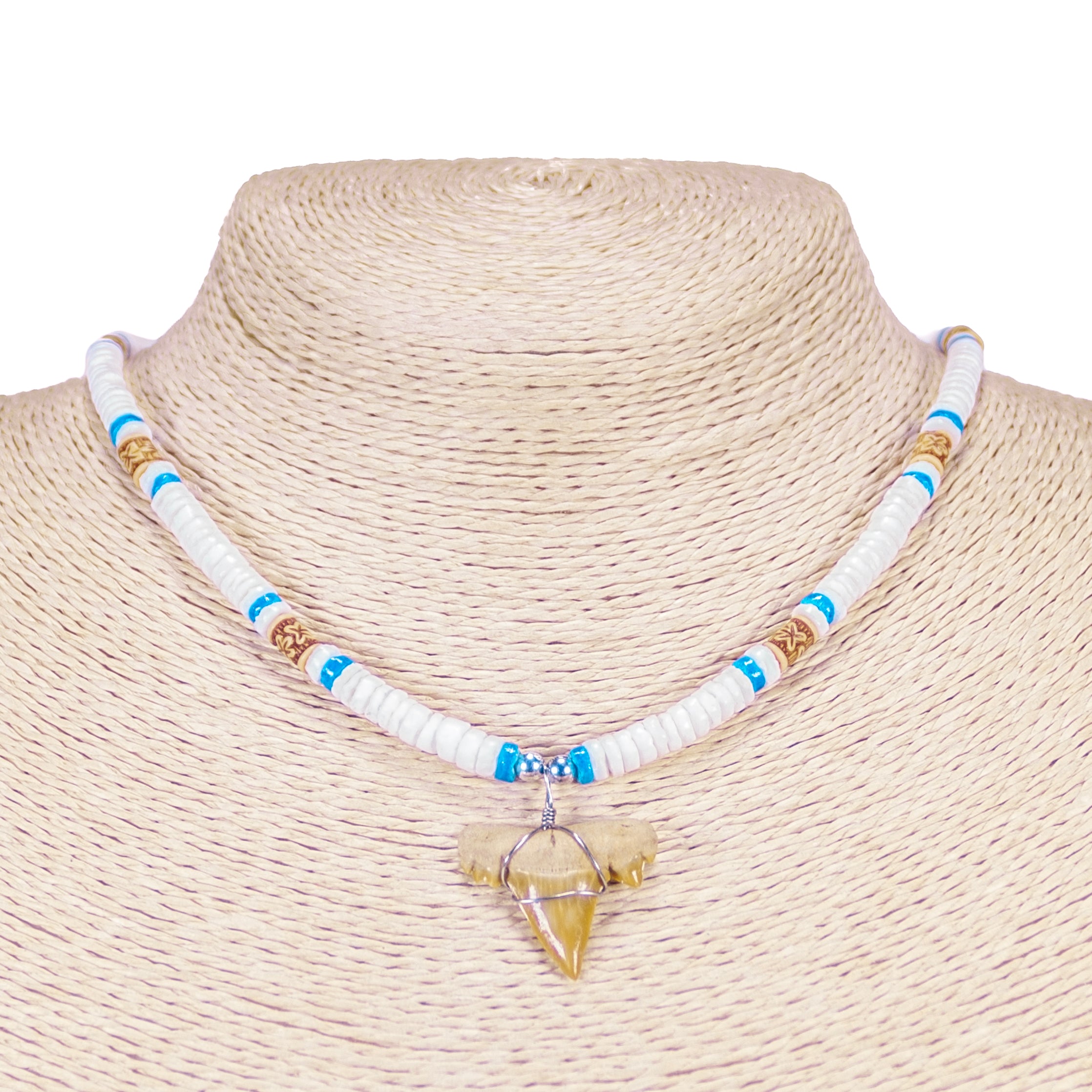 1"+ Shark Tooth Pendant on White and Blue Puka Shell Beads Necklace