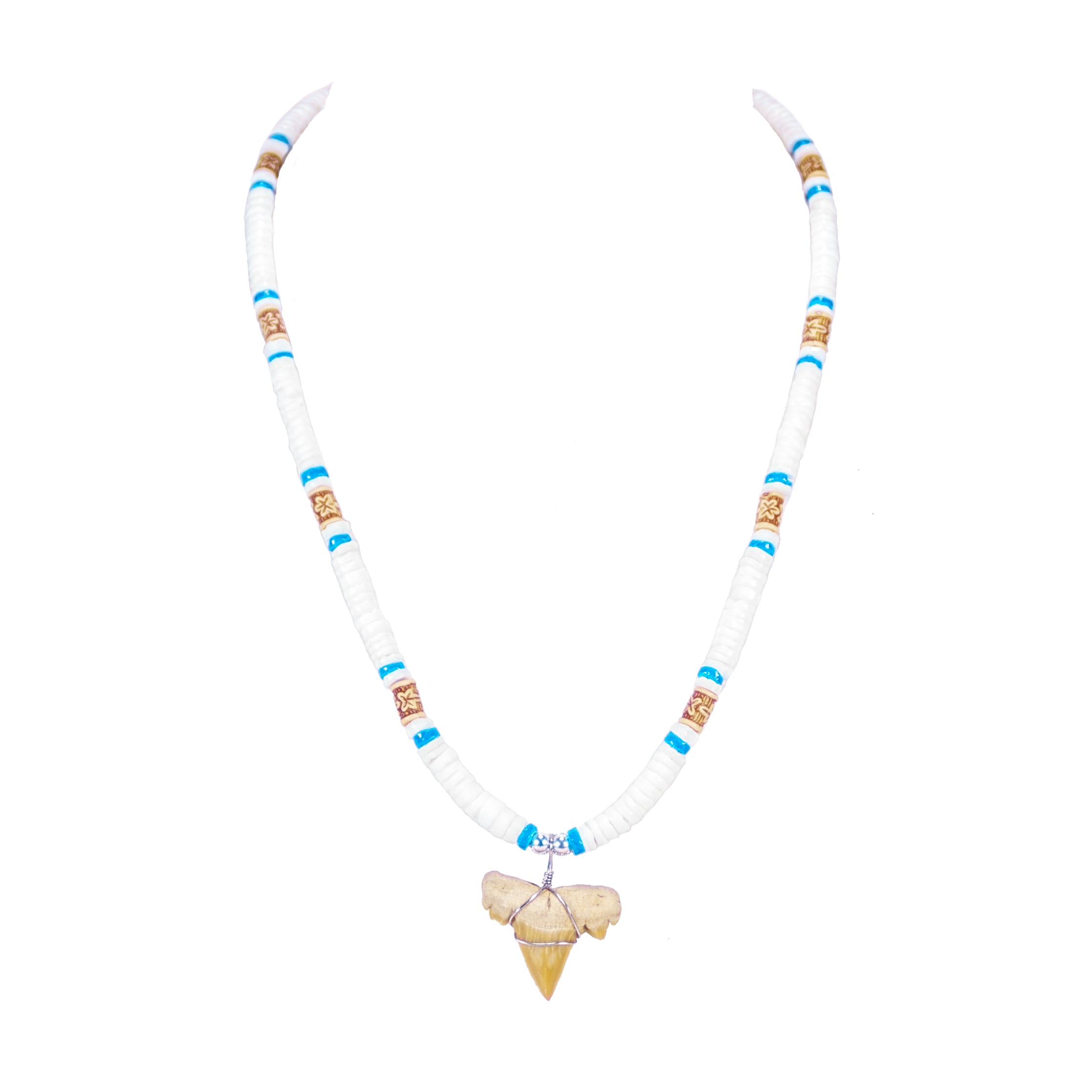 1"+ Shark Tooth Pendant on White and Blue Puka Shell Beads Necklace