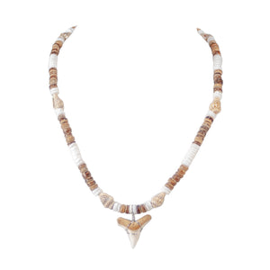 Mako Shark Tooth Pendant on Puka Shell & Tiger Coconut Beads Necklace