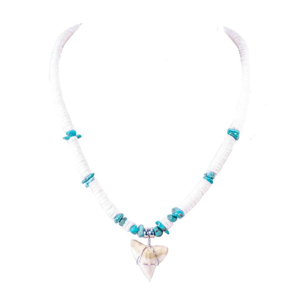 Shark Tooth Pendant on Puka Shell and Turquoise Stone Chips Necklace