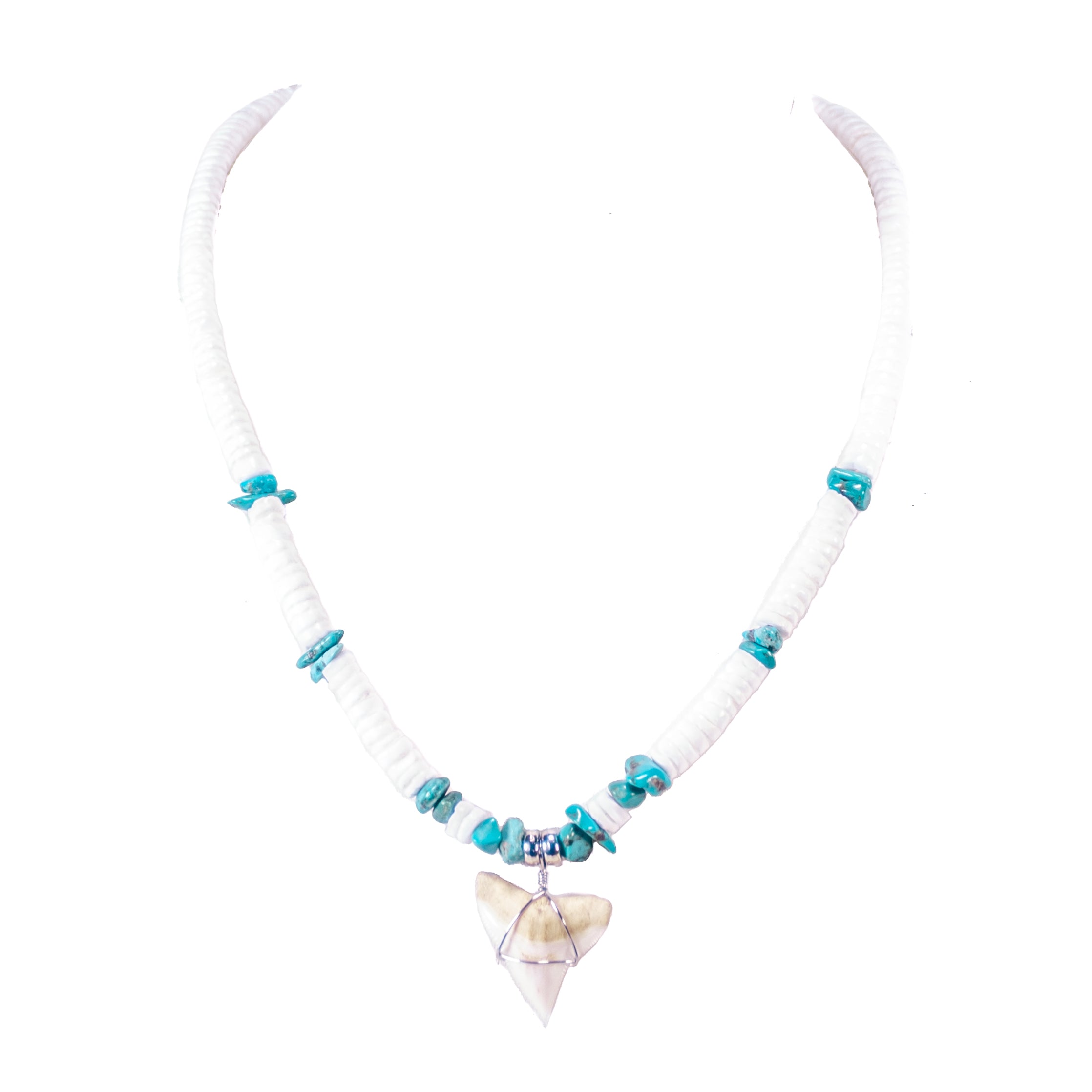 Shark Tooth Pendant on Puka Shell and Turquoise Stone Chips Necklace