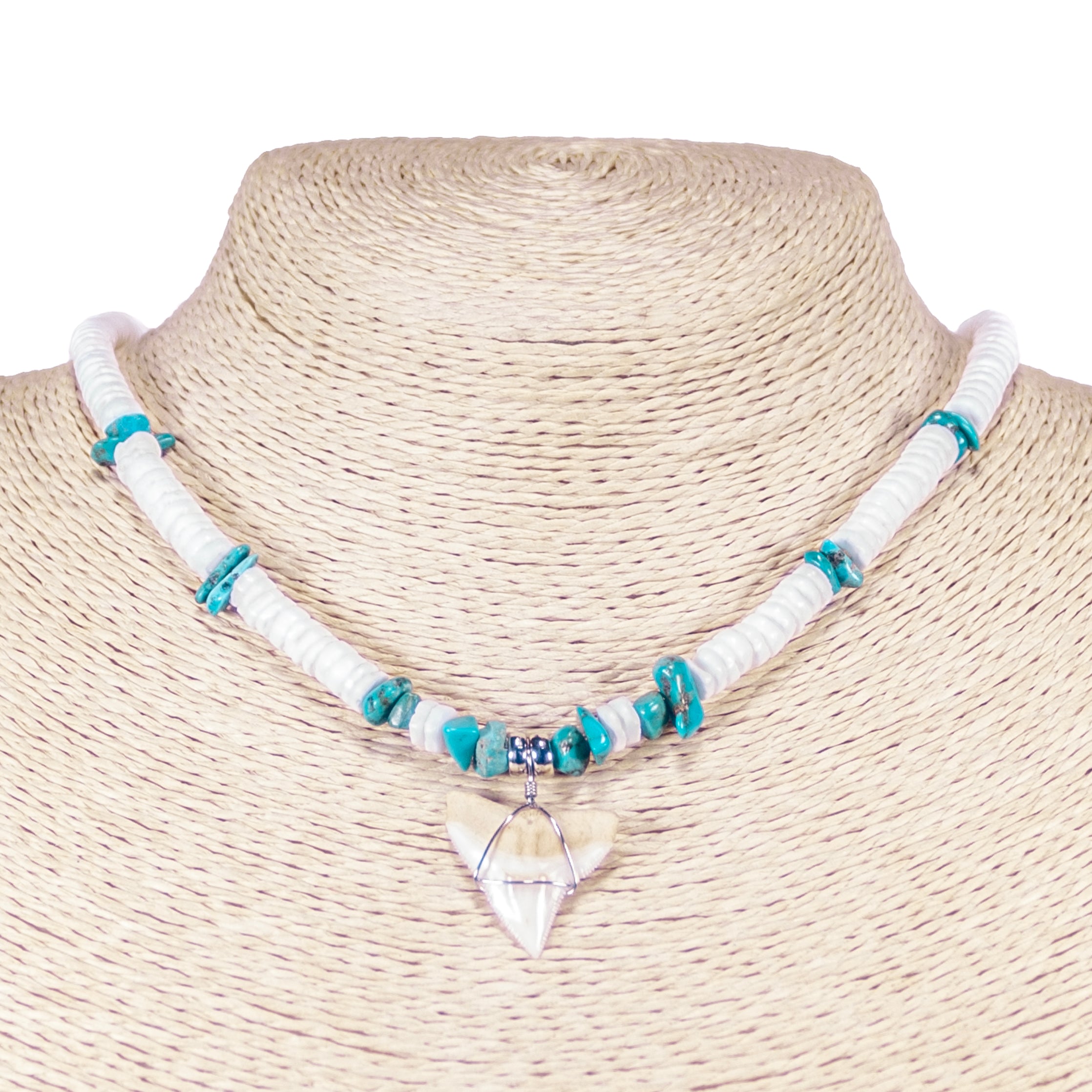 Mako Shark Tooth Pendant on Puka Shell and Turquoise Stone Chips Necklace