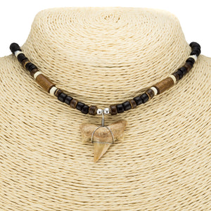 1"+ Shark Tooth Pendant on Black Coconut Beads & Wood Tubes Necklace