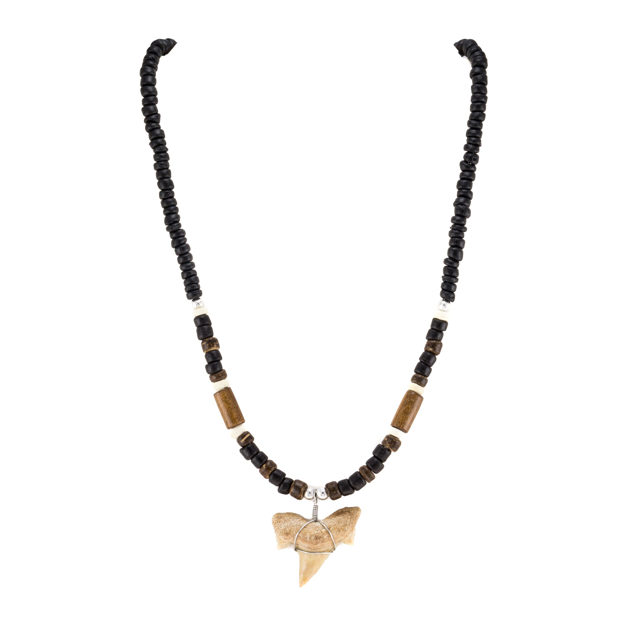 1"+ Shark Tooth Pendant on Black Coconut Beads & Wood Tubes Necklace