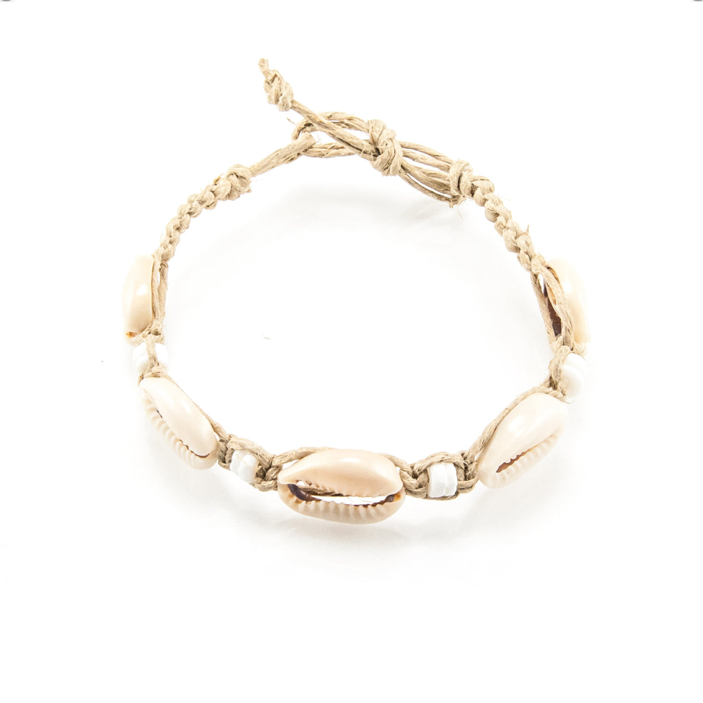 Cowrie Shells and Puka Shell Beads on Hemp Anklet