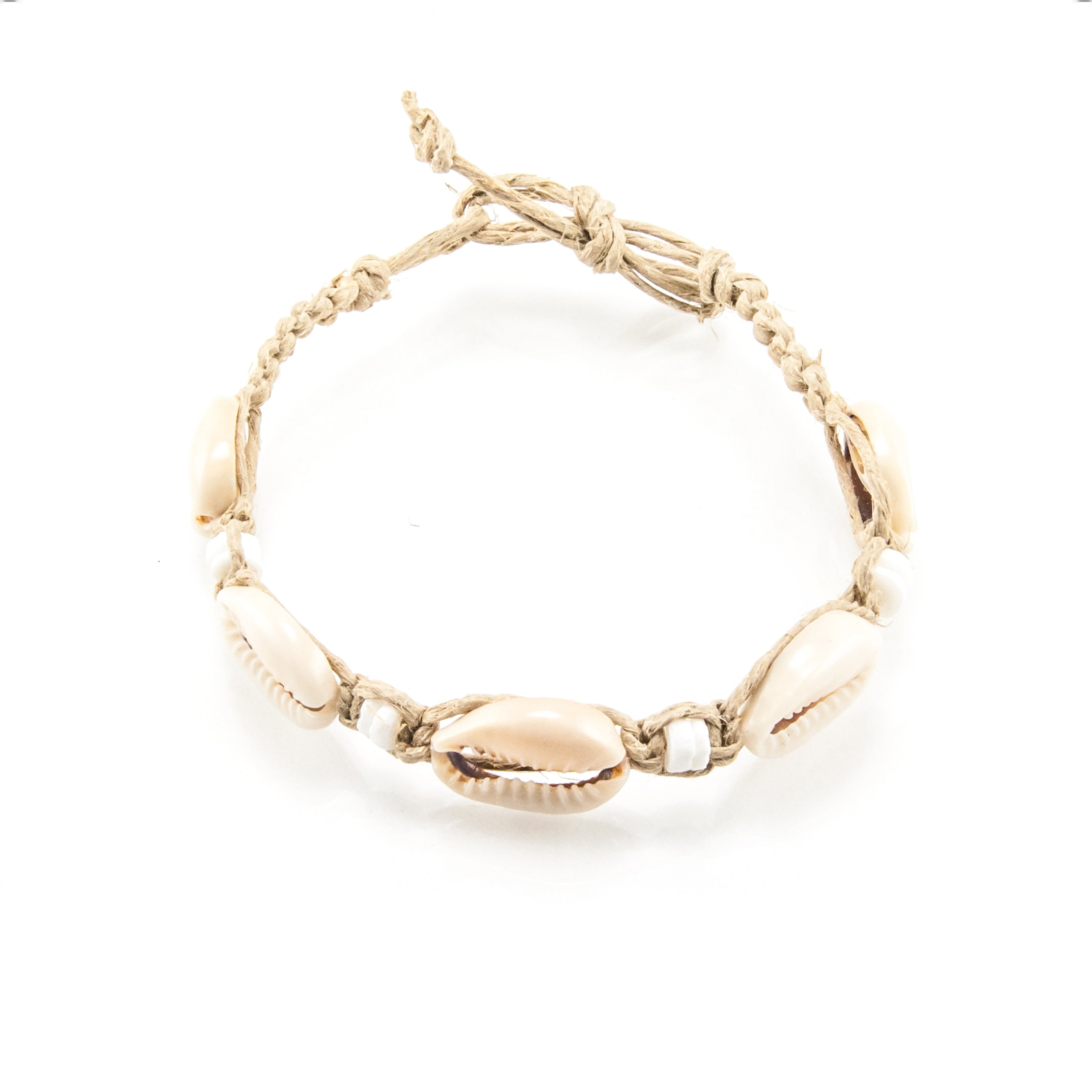 Cowrie Shells and Puka Shell Beads on Hemp Anklet