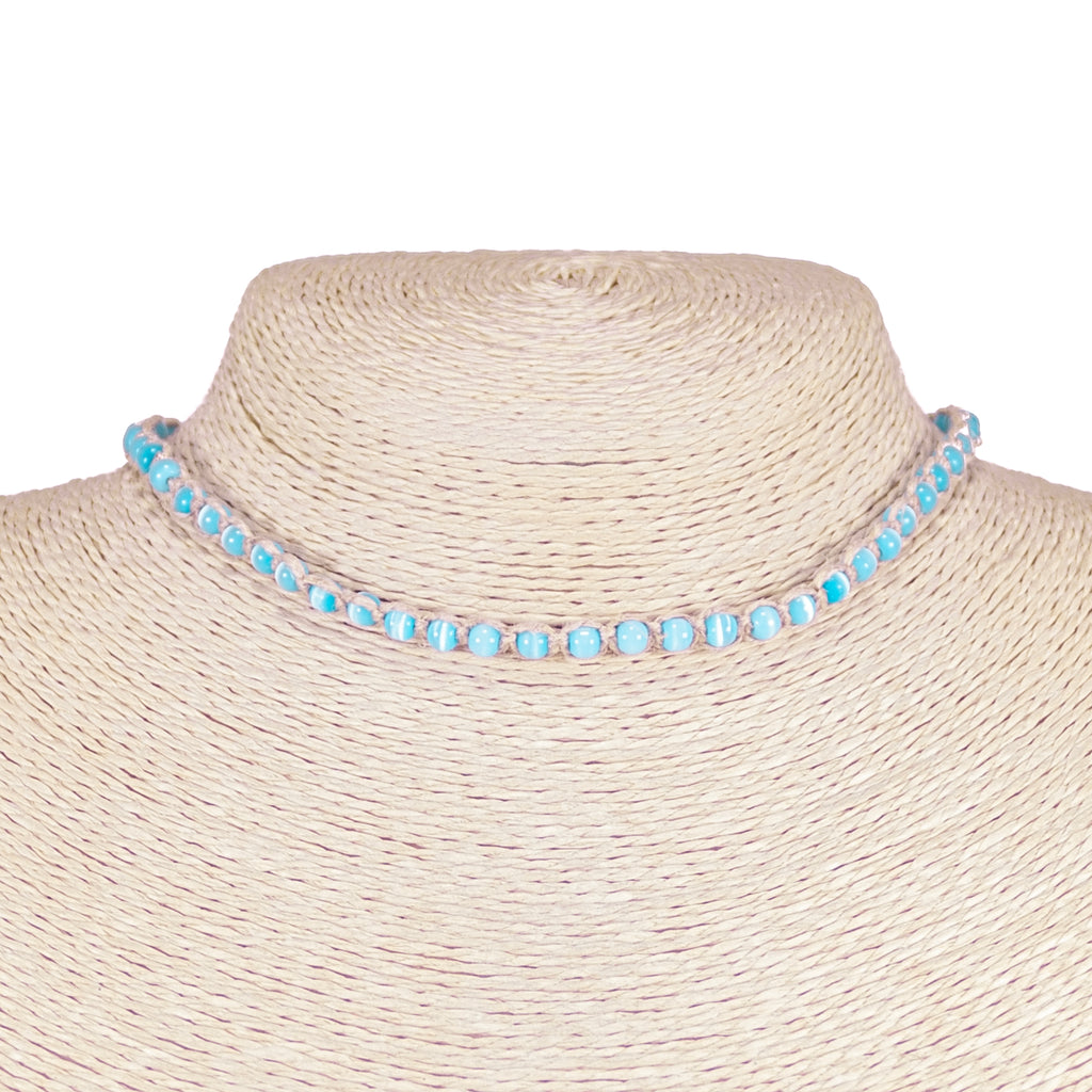 Light Blue Cat's Eye Beads on Hemp Choker Necklace