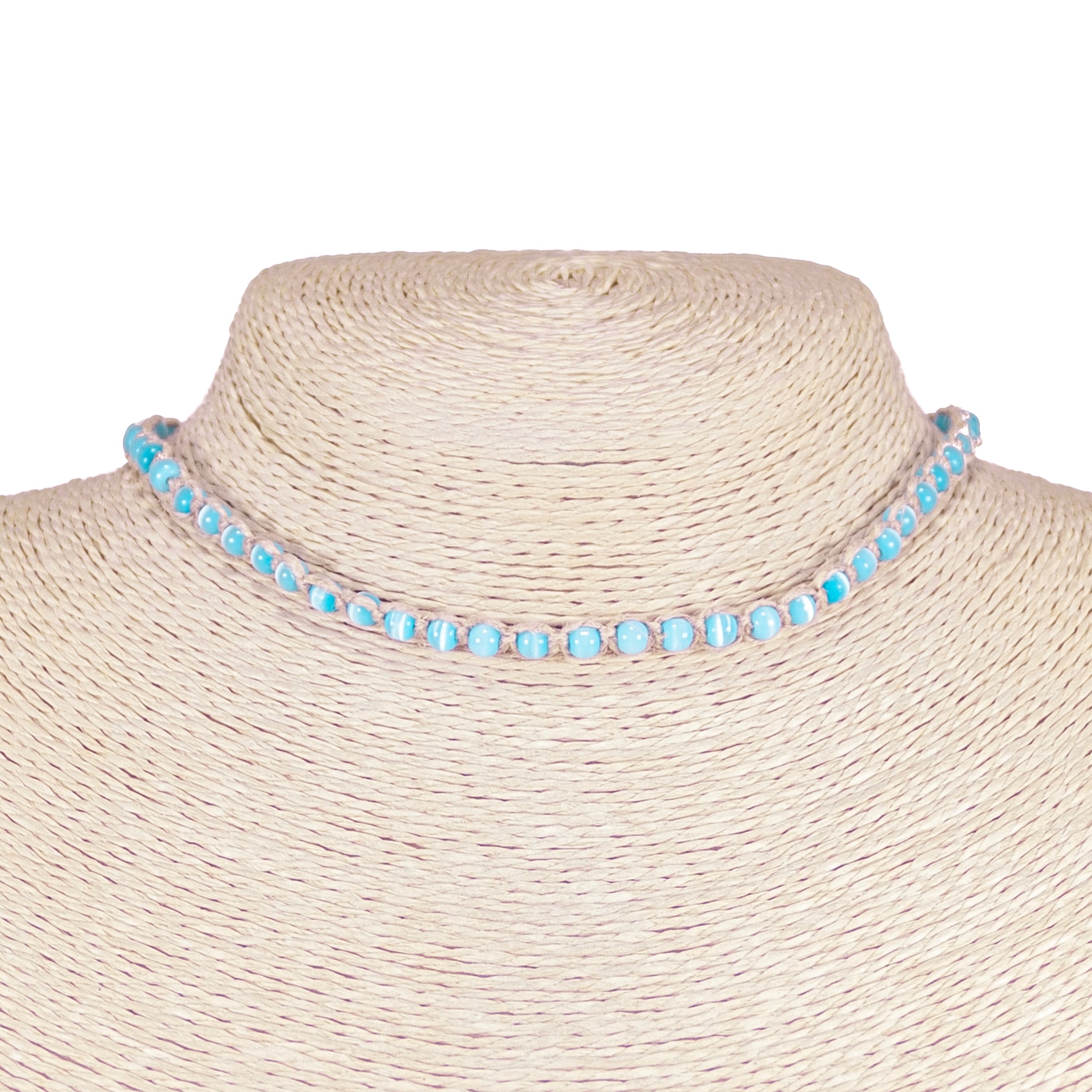Light Blue Cat's Eye Beads on Hemp Choker Necklace