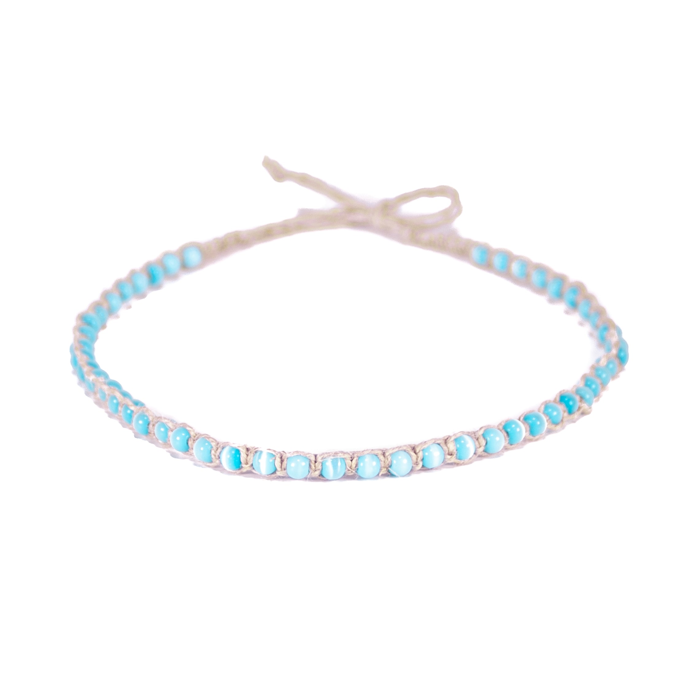 Light Blue Cat's Eye Beads on Hemp Choker Necklace