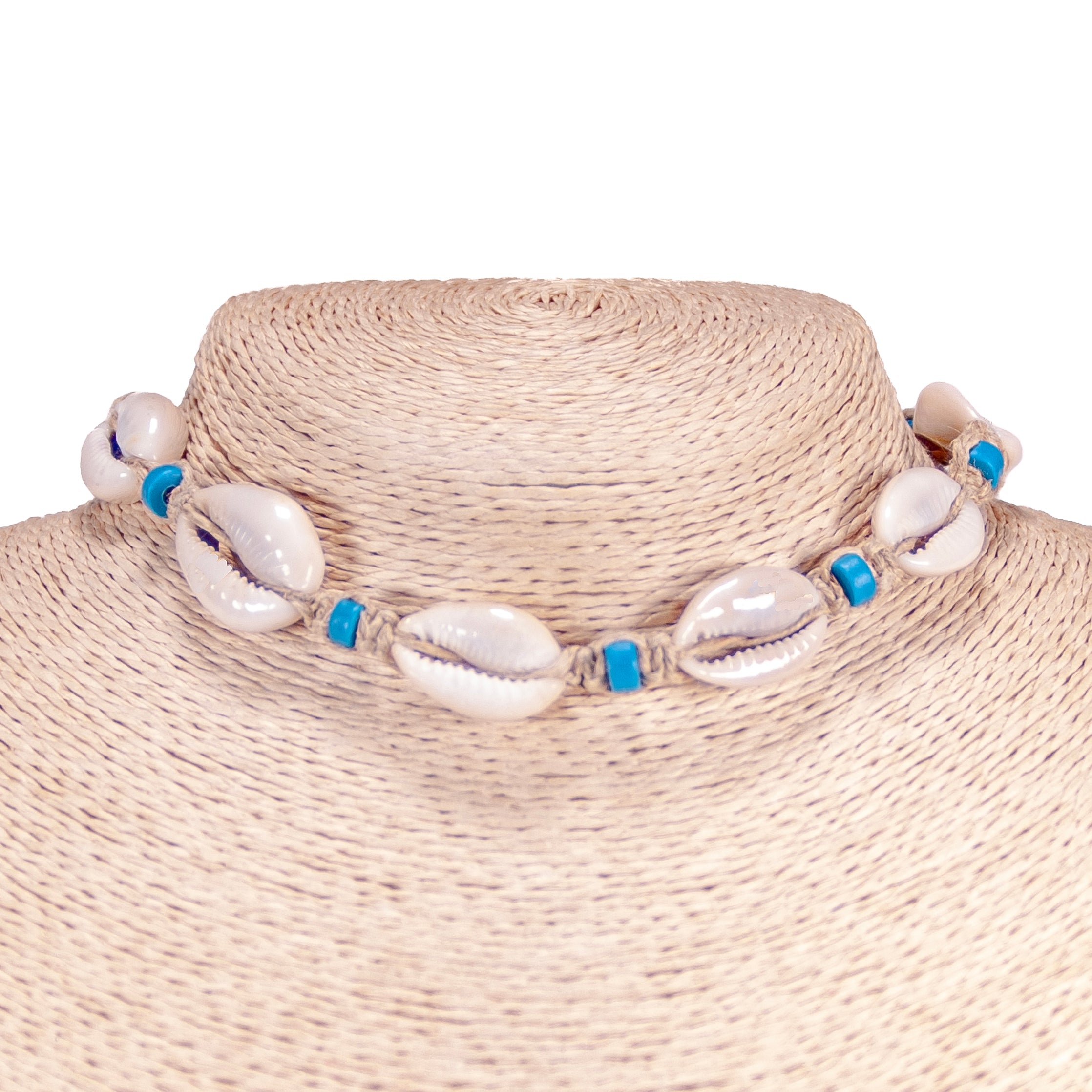 Hemp Choker Necklace with Cowrie Shells and Light Blue Fimo Beads