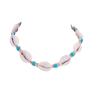 Hemp Choker Necklace with Cowrie Shells and Light Blue Fimo Beads