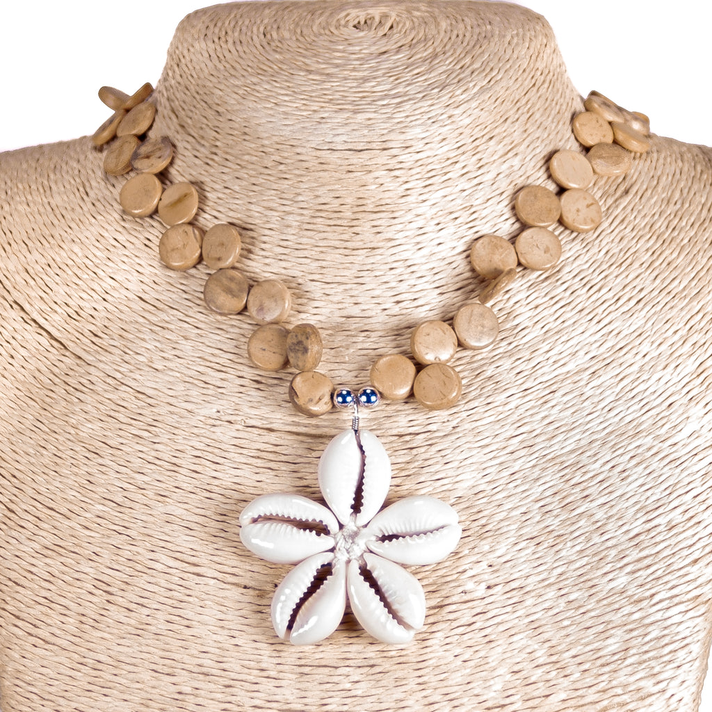 Cowrie Shells Flower Pendant on Coconut Beads Necklace