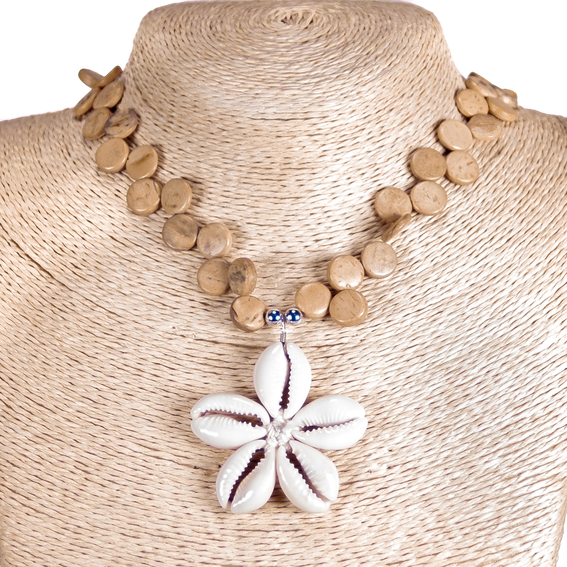 Cowrie Shells Flower Pendant on Coconut Beads Necklace