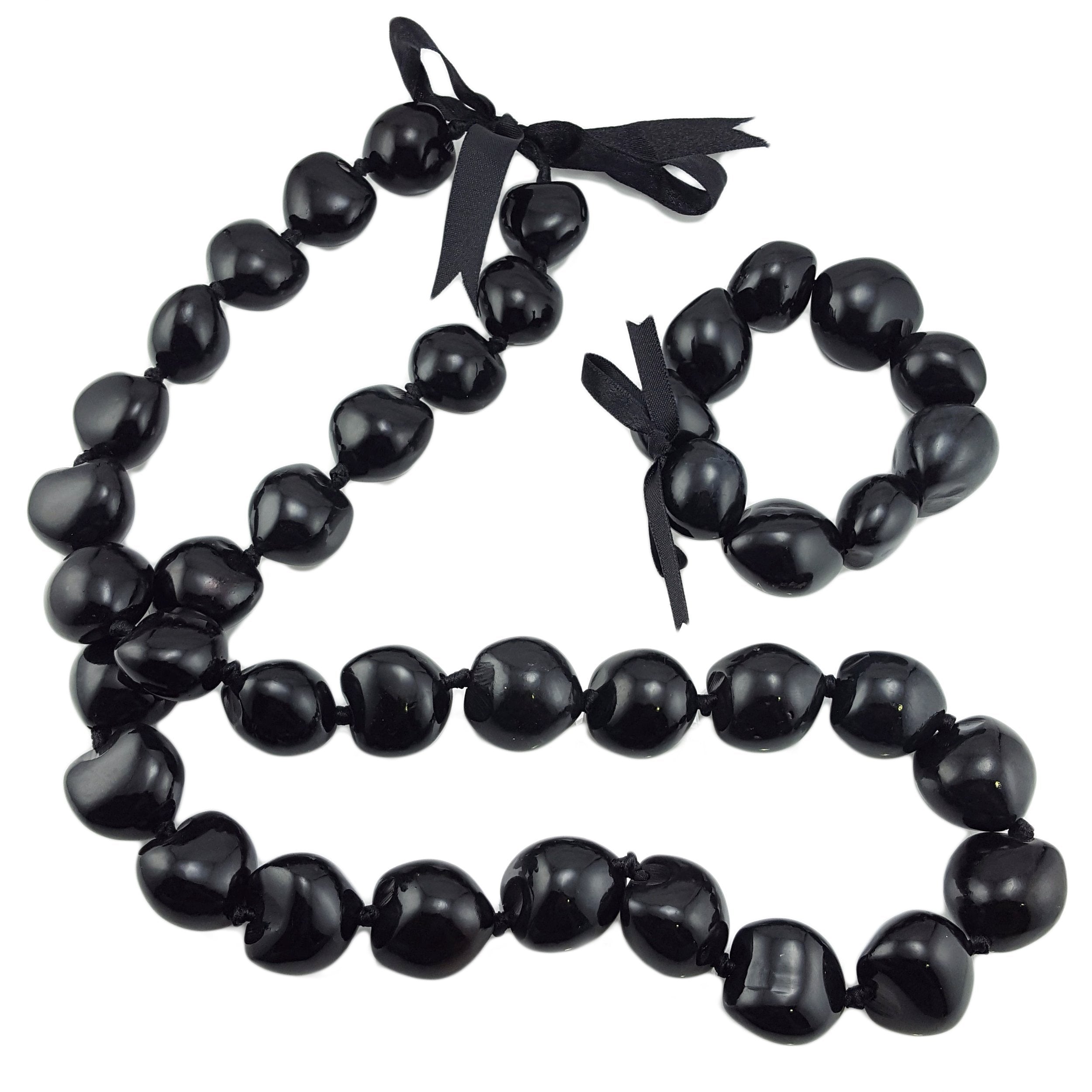 Black Kukui Nut Lei Necklace and Bracelet Set