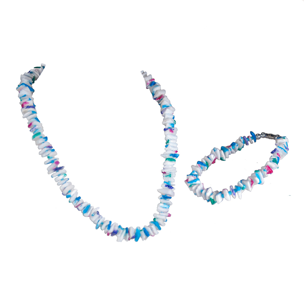 Multicolor Spotted Puka Chip Shells Necklace & Anklet Set