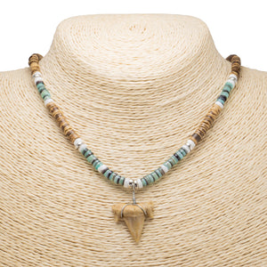 1"+ Shark Tooth Pendant on Tiger Coconut & Green Shell Beads Necklace