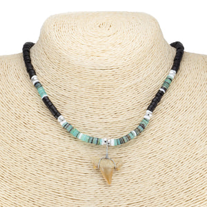 ¾"+ Shark Tooth Pendant on Black Coconut & Green Shell Beads Necklace