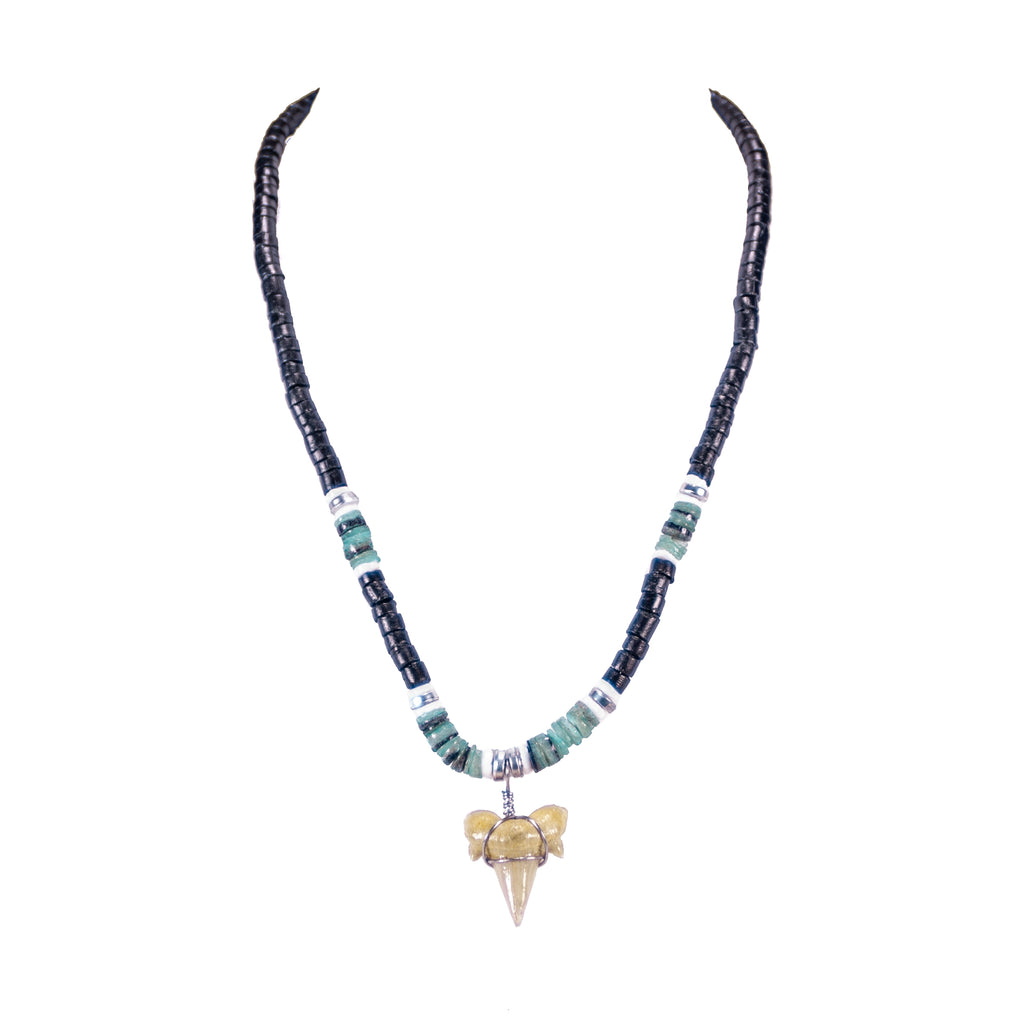 ¾"+ Shark Tooth Pendant on Black Coconut & Green Shell Beads Necklace