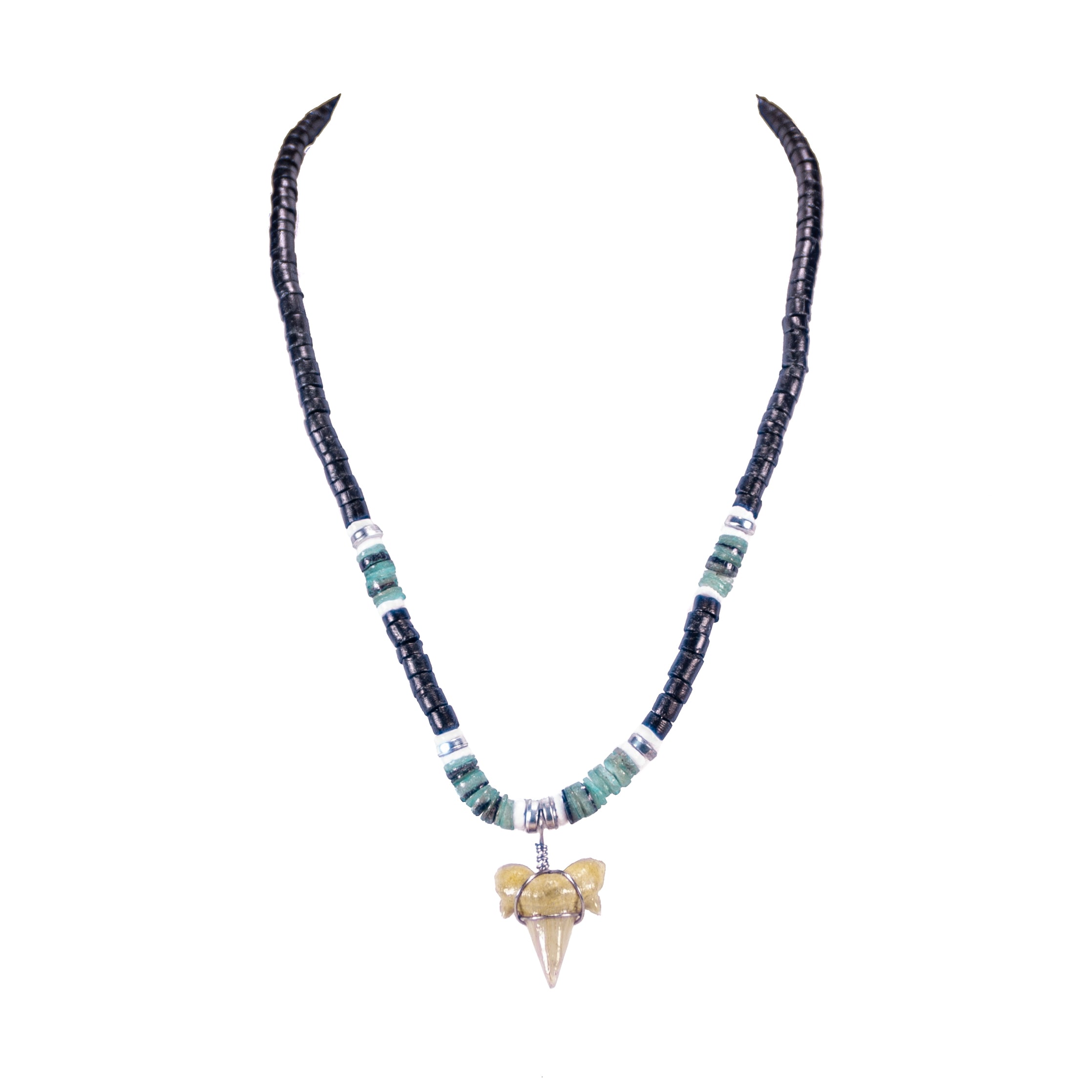 ¾"+ Shark Tooth Pendant on Black Coconut & Green Shell Beads Necklace