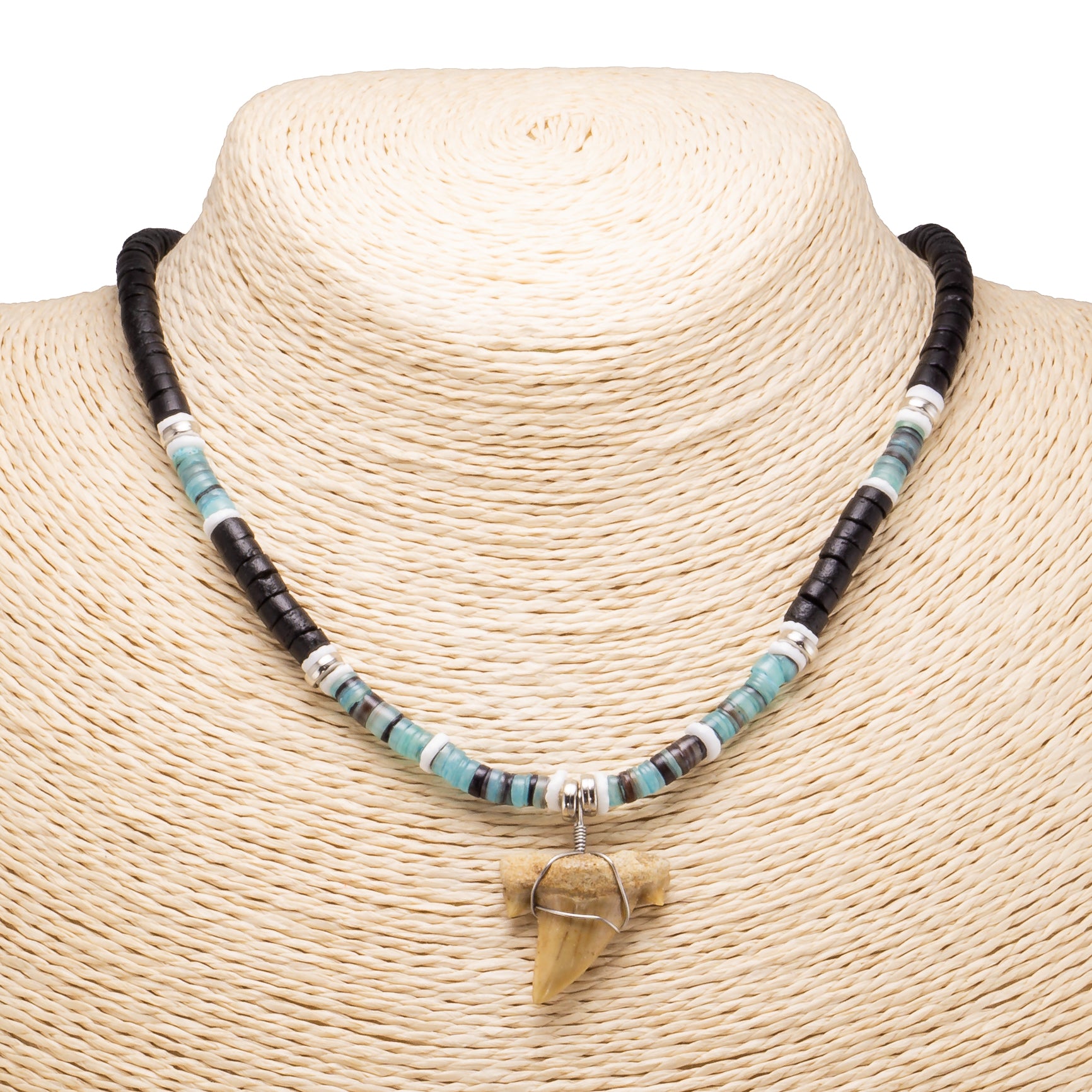 1"+ Shark Tooth Pendant on Black Coconut & Green Shell Beads Necklace