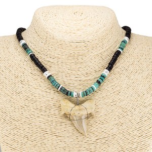 1¼"+ Shark Tooth Pendant on Black Coconut & Green Shell Beads Necklace