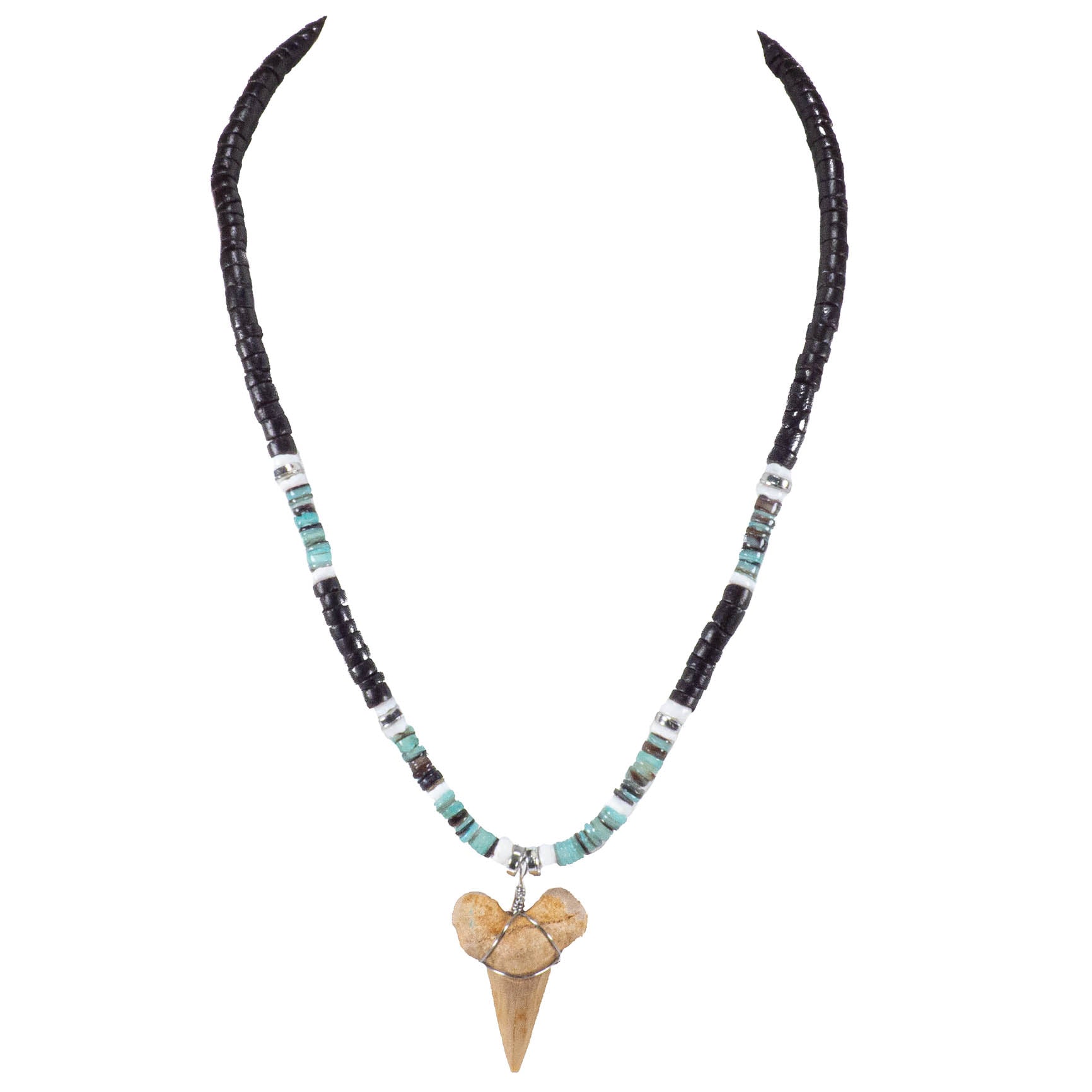 1¼"+ Shark Tooth Pendant on Black Coconut & Green Shell Beads Necklace