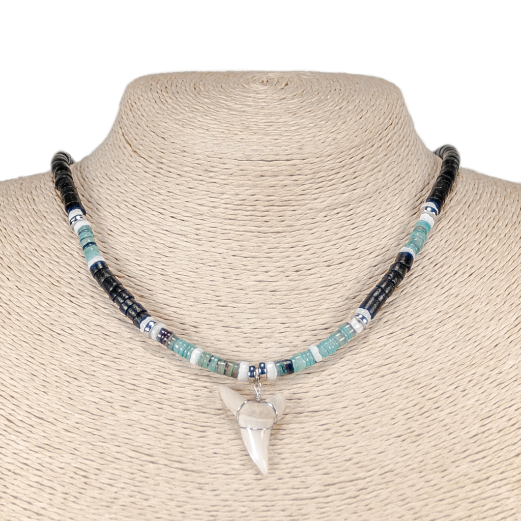 Shark Tooth Pendant on Black Coconut & Green Shell Beads Necklace
