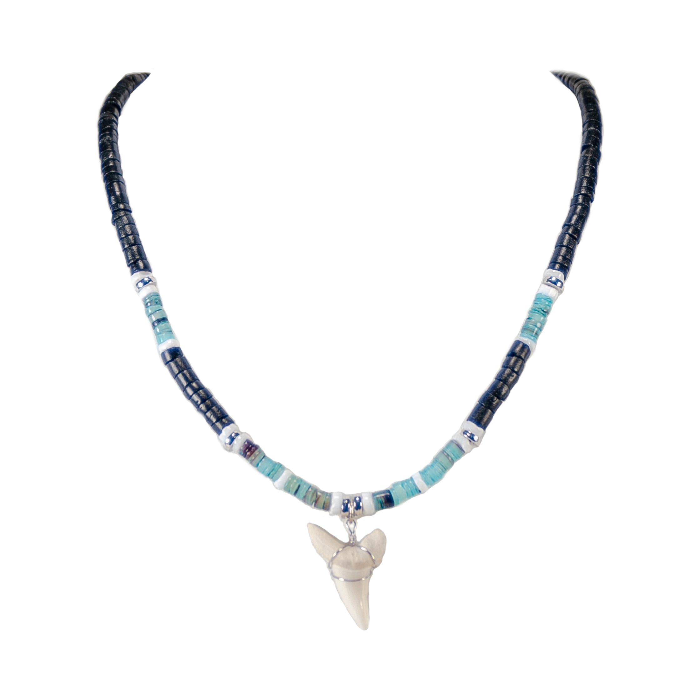 Mako Shark Tooth Pendant on Black Coconut & Green Shell Beads Necklace