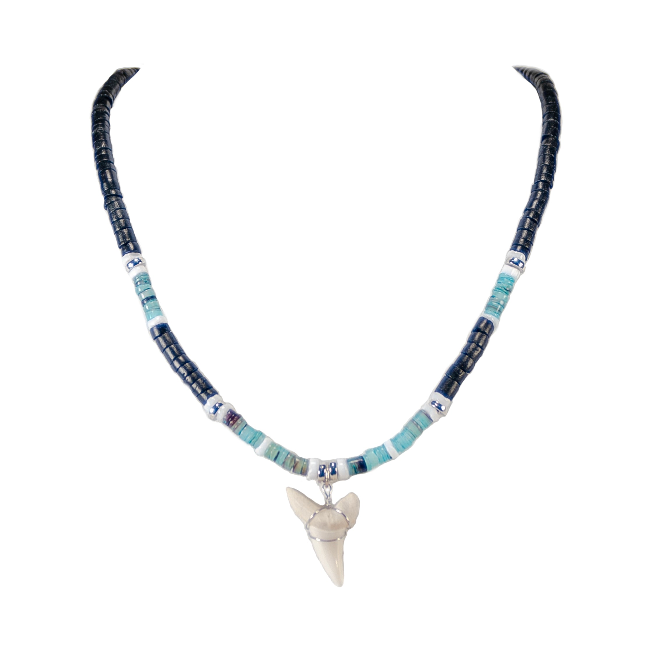 Shark Tooth Pendant on Black Coconut & Green Shell Beads Necklace