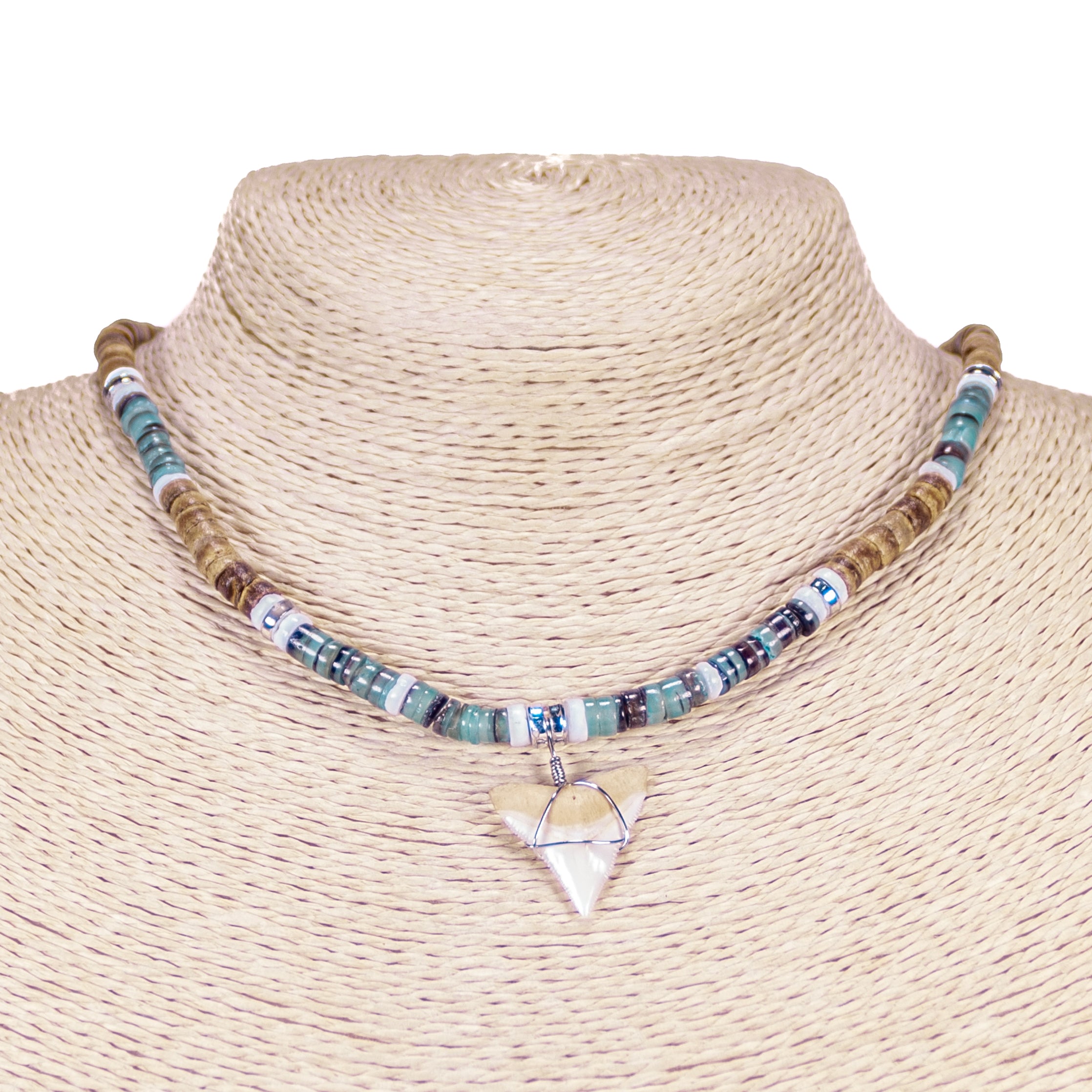 Bull Shark Tooth Pendant on Tiger Coconut & Green Shell Beads Necklace