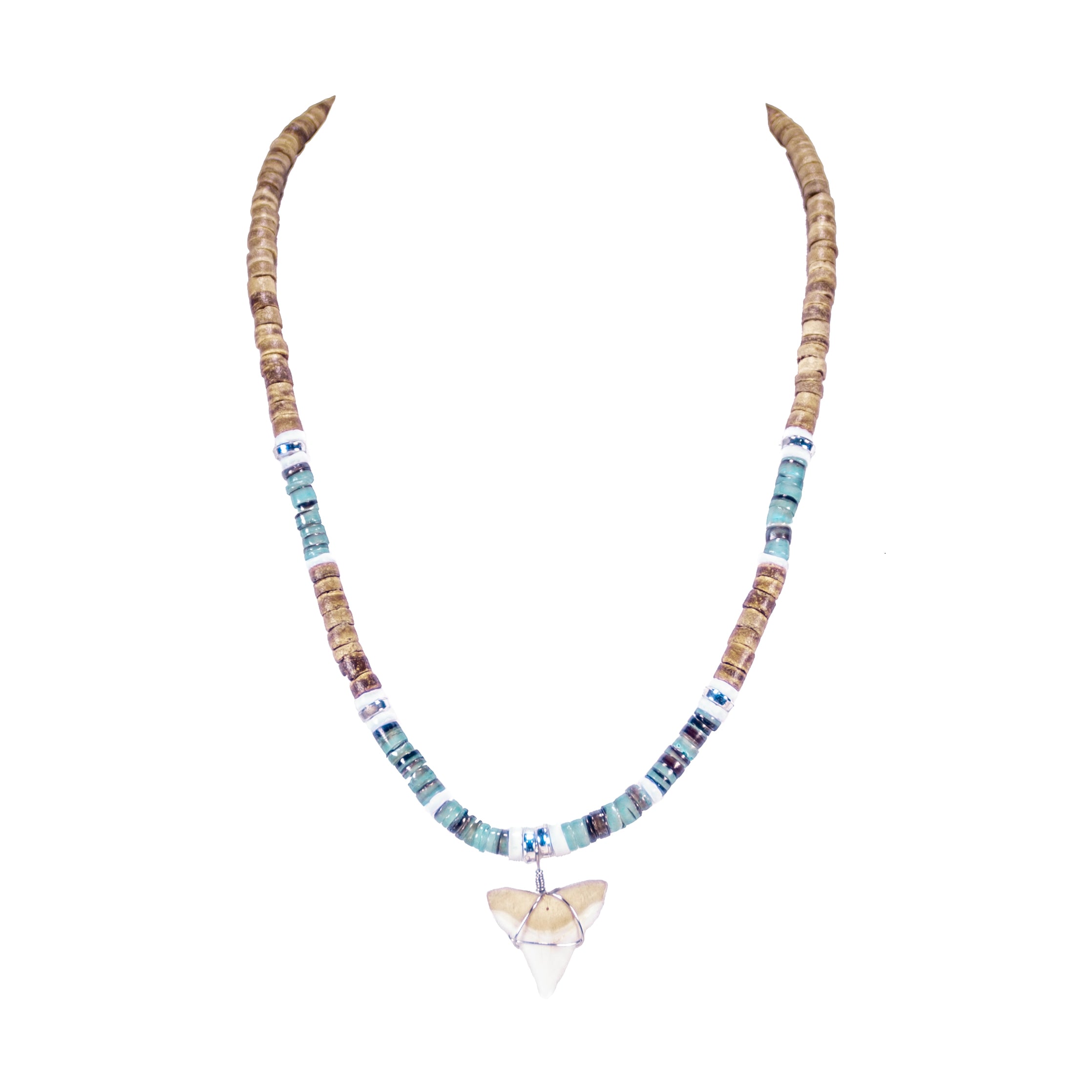 Bull Shark Tooth Pendant on Tiger Coconut & Green Shell Beads Necklace