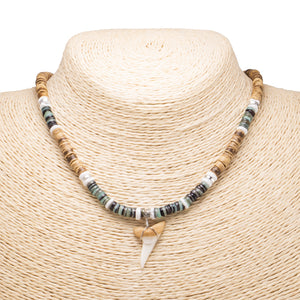 Mako Shark Tooth Pendant on Tiger Coconut & Green Shell Beads Necklace